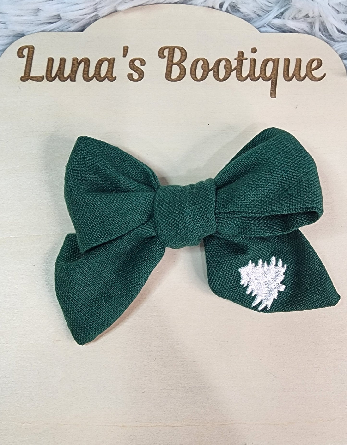 Green Linen Embroidered Tree Ruth Bow
