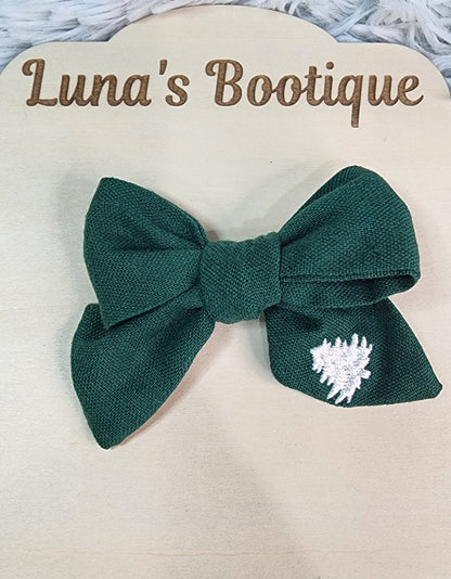 Green Linen Embroidered Tree Ruth Bow